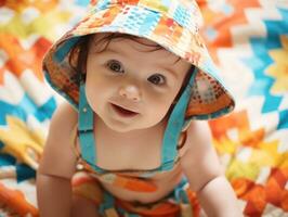 Adorable baby with vibrant clothing in a playful pose AI Generative photo