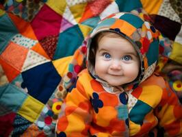 adorable bebé con vibrante ropa en un juguetón actitud ai generativo foto