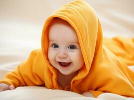 Adorable baby with vibrant clothing in a playful pose AI Generative photo