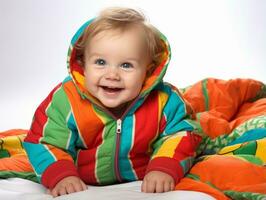 Adorable baby with vibrant clothing in a playful pose AI Generative photo