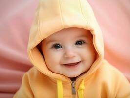 adorable bebé con vibrante ropa en un juguetón actitud ai generativo foto