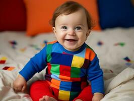 Adorable baby with vibrant clothing in a playful pose AI Generative photo