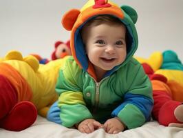 Adorable baby with vibrant clothing in a playful pose AI Generative photo