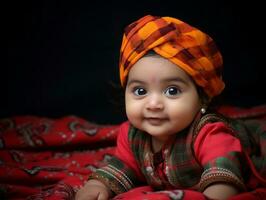 Adorable baby with vibrant clothing in a playful pose AI Generative photo