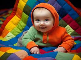 Adorable baby with vibrant clothing in a playful pose AI Generative photo