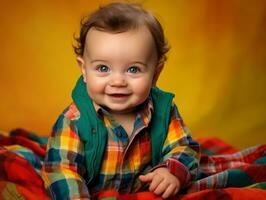 Adorable baby with vibrant clothing in a playful pose AI Generative photo