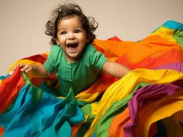 Adorable baby with vibrant clothing in a playful pose AI Generative photo