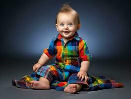 Adorable baby with vibrant clothing in a playful pose AI Generative photo