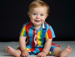 Adorable baby with vibrant clothing in a playful pose AI Generative photo