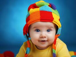 Adorable baby with vibrant clothing in a playful pose AI Generative photo