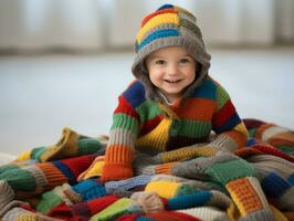 Adorable baby with vibrant clothing in a playful pose AI Generative photo