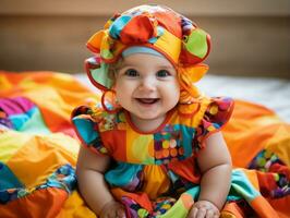 Adorable baby with vibrant clothing in a playful pose AI Generative photo