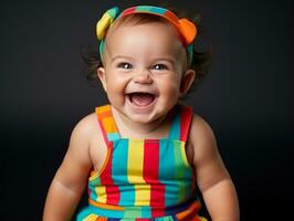 Adorable baby with vibrant clothing in a playful pose AI Generative photo