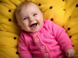 Adorable baby with vibrant clothing in a playful pose AI Generative photo