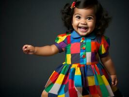 Adorable baby with vibrant clothing in a playful pose AI Generative photo