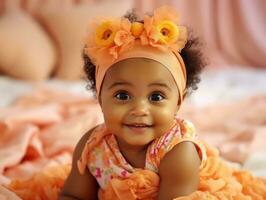 Adorable baby with vibrant clothing in a playful pose AI Generative photo