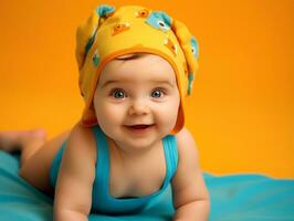 Adorable baby with vibrant clothing in a playful pose AI Generative photo