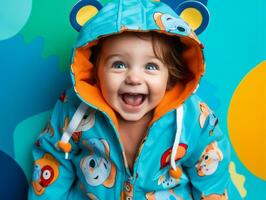 Adorable baby with vibrant clothing in a playful pose AI Generative photo