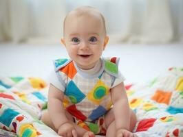 Adorable baby with vibrant clothing in a playful pose AI Generative photo