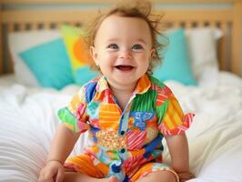 Adorable baby with vibrant clothing in a playful pose AI Generative photo