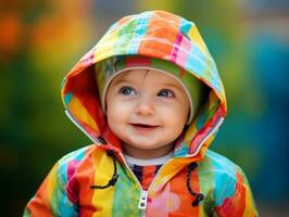 Adorable baby with vibrant clothing in a playful pose AI Generative photo