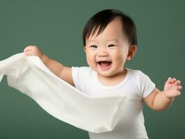 Adorable baby with vibrant clothing in a playful pose AI Generative photo