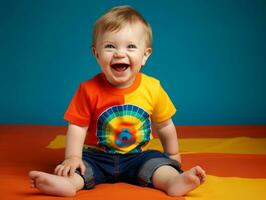 Adorable baby with vibrant clothing in a playful pose AI Generative photo