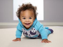 Adorable baby with vibrant clothing in a playful pose AI Generative photo