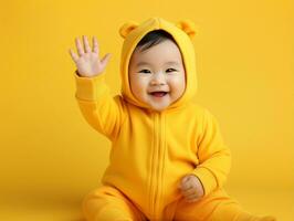 Adorable baby with vibrant clothing in a playful pose AI Generative photo