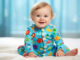 adorable bebé con vibrante ropa en un juguetón actitud ai generativo foto