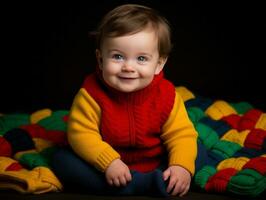 adorable bebé con vibrante ropa en un juguetón actitud ai generativo foto