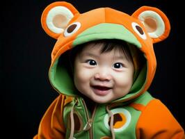 Adorable baby with vibrant clothing in a playful pose AI Generative photo