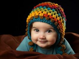 Adorable baby with vibrant clothing in a playful pose AI Generative photo