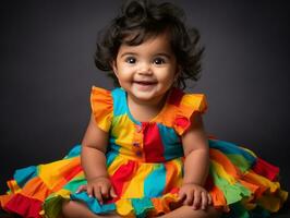 Adorable baby with vibrant clothing in a playful pose AI Generative photo