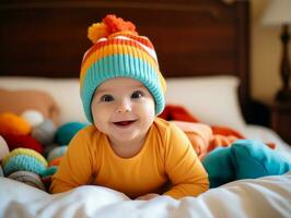 Adorable baby with vibrant clothing in a playful pose AI Generative photo