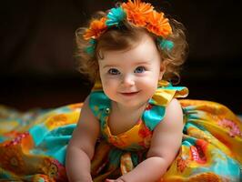 Adorable baby with vibrant clothing in a playful pose AI Generative photo