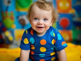 Adorable baby with vibrant clothing in a playful pose AI Generative photo