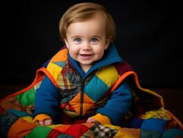 adorable bebé con vibrante ropa en un juguetón actitud ai generativo foto