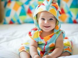 Adorable baby with vibrant clothing in a playful pose AI Generative photo