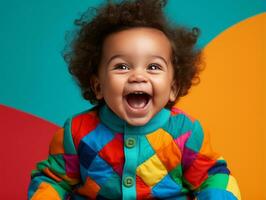 Adorable baby with vibrant clothing in a playful pose AI Generative photo