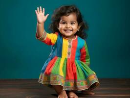 Adorable baby with vibrant clothing in a playful pose AI Generative photo