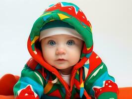 Adorable baby with vibrant clothing in a playful pose AI Generative photo