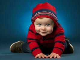 Adorable baby with vibrant clothing in a playful pose AI Generative photo