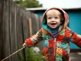 adorable bebé con vibrante ropa en un juguetón actitud ai generativo foto