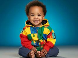 Adorable baby with vibrant clothing in a playful pose AI Generative photo