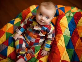 adorable bebé con vibrante ropa en un juguetón actitud ai generativo foto