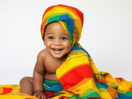 Adorable baby with vibrant clothing in a playful pose AI Generative photo