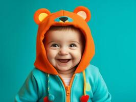 Adorable baby with vibrant clothing in a playful pose AI Generative photo