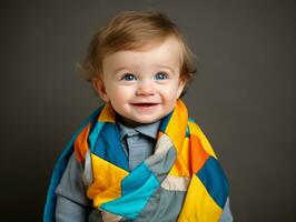 Adorable baby with vibrant clothing in a playful pose AI Generative photo