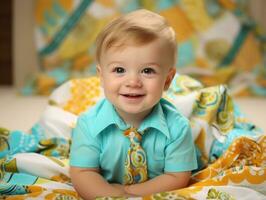 Adorable baby with vibrant clothing in a playful pose AI Generative photo